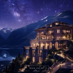 an image of a house at night with the stars in the sky and mountains behind it