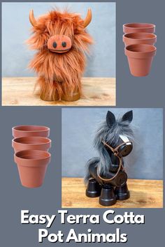 four different pictures of clay pots with animals in them and the words easy terra cota pot animals