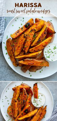 two plates filled with baked sweet potato wedges