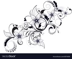 black and white floral design with swirls and dots on the bottom half of the image