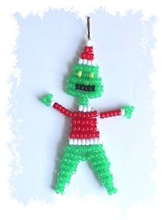 a green and red beaded christmas ornament