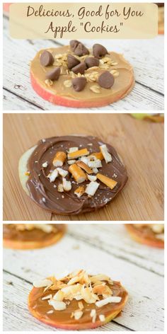 some cookies with chocolate toppings on them and the words delicious good for you apple cookies