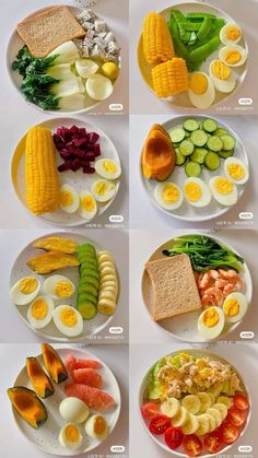 several plates with different types of food on them, including eggs, vegetables and bread