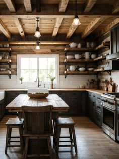 a rustic kitchen with wooden walls and flooring