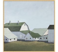 a painting of white barns with green roofs and birds perched on the top of them