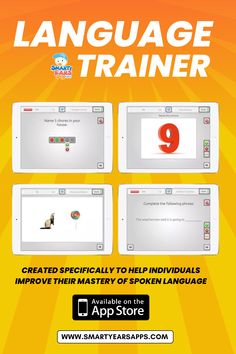 an advertisement for language trainer with four screens