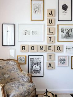 the wall is filled with pictures and scrabble tiles that spell out the word rome