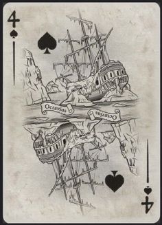 an old playing card with a ship on it