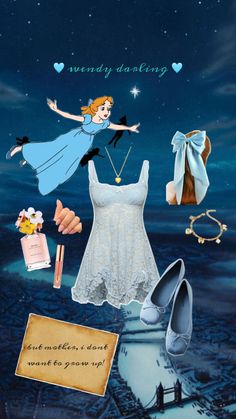 an image of a woman's clothes and accessories in the air with stars above her