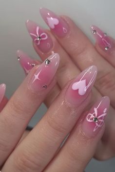 Cute Girly Nail Ideas, Zhelish Nail Designs, Pink Nail Art Simple, Almond Nails Designs Simple, Asian Nail Art Korean, Cute Simple Almond Nails, Pink Nails With Designs, Pink Nail Inspo Almond, Cute Almond Acrylic Nails