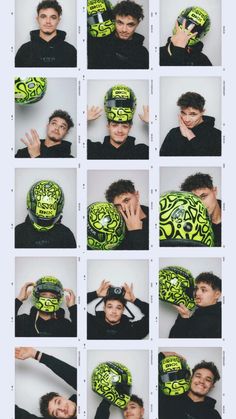 a collage of photos showing the different faces of people wearing green and black masks