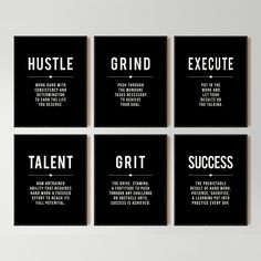 four black and white posters with the words, grit, exultte, grt,