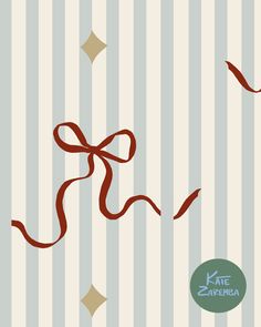 a blue and white striped wallpaper with red ribbon on the bottom right hand corner