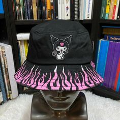 "Brand New" Sanrio Kuromi Flames Bucket Hat Osfm 100% Cotton China Black Curved Brim Sun Hat For Streetwear, Trendy Adjustable Black Bucket Hat, Casual Black Bucket Hat For Festivals, Black Curved Brim Bucket Hat For Festivals, Black Bucket Hat For Festival, Black Punk Brimmed Hats, Black Brimmed Punk Hat, Black Flat Brim Bucket Hat One Size, Black Adjustable Bucket Hat With Short Brim