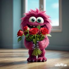 a pink monster holding roses on top of a hard wood floor next to a window