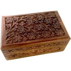 a wooden box with intricate carvings on the lid and sides, labeled length 4 width 2 5 high handmade by artisans