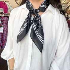 Black/White Bandana Print Scarf - Lyla's: Clothing, Decor & More - Plano Boutique Trendy Adjustable Bandana For Gift, Trendy Adjustable Bandana As Gift, Trendy Bandana Scarf For Festivals, Trendy Festival Bandana Scarf, Trendy Spring Bandana, Casual White Scarves, White Bandana Print Scarf, Trendy Bandana For Summer Gift, Trendy Summer Bandana As Gift