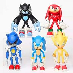 four action figures of sonic the hedgehog, shadow the hedgehog and other characters