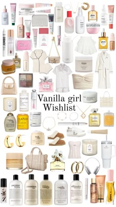 Vanilla Girl Wishlist <3 Vanilla Girl Birthday Wishlist, Clean Girl Wishlist Ideas, Vanilla Gift Ideas, Vanilla Girl Gift Ideas, Vanilla Girl Skincare Products, Vanilla Girl Must Haves, Vanilla Girl Gifts, Vanilla Girl Christmas List, Vanilla Girl Makeup Products