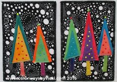 two colorful christmas trees are on black and white polka doted paper, with dots in the background