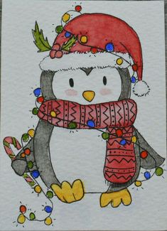 a drawing of a penguin wearing a santa hat and scarf