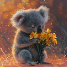 a painting of a koala bear with yellow flowers in its mouth and eyes closed