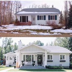 before and after pictures of a white house in the winter with snow on the ground