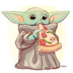 the baby yoda is holding a slice of pizza