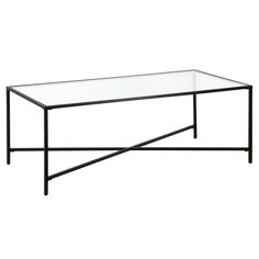 a glass coffee table with black metal frame and clear top, against a white background