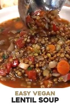 a white bowl filled with lentils and carrots next to a metal ladle that says easy vegan lentil soup