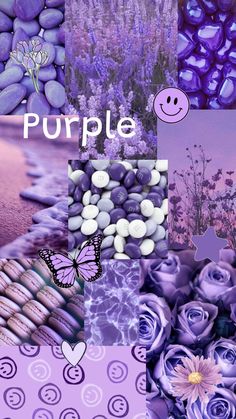 purple collage with flowers, rocks and a smiley face in the center that says purple