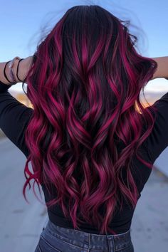 Red Color On Dark Hair, Quarter Hair Color, Dyed Hair Ideas For Brown Hair, Dark Fun Colored Hair, Bright Baylage Hair, Plum Hair Color With Money Piece, Cute Colours To Dye Your Hair, Hair Lights For Dark Hair Brunettes, Cherry Pepsi Hair Color