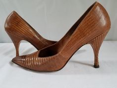 "These 1950's-60's ALLIGATOR LIZARD PUMPS are made by PFEIFEYS of ARKANSAS in a VINTAGE SIZE 6 , the heel is approximately 3 1/2\" tall & they are in VERY GOOD VINTAGE CONDITION. ( see photos for DETAILS ) Questions ? Please call 1-207-865-6191." Vintage Fitted Pointed Toe Heels, Fitted Brown Vintage Heels, Fitted Vintage Heels With Pointed Toe, Vintage Brown Heels, Alligator Lizard, 1940s Women, White Gold Hoop Earrings, White Gold Hoops, Rhinestone Choker Necklace