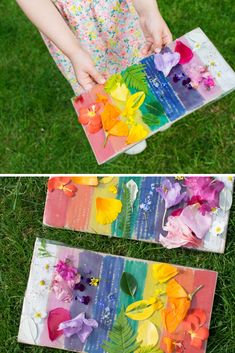 two pictures with flowers in them on the grass and one is showing how to make an art project