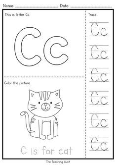 the letter c is for cat worksheet with an image of a cat on it