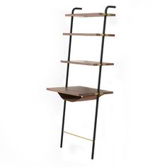 a wooden shelf with black metal legs and shelves