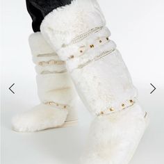 Women’s Winter White Fur Boots With Gold Detailing White Fur Boots, Fur Boots Women, White Fur, Unique Shoes, Fur Boots, Book Decor, Winter White, Mule Clogs, Mules Shoes