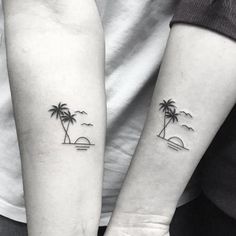 two people with matching tattoos on their arms, one has a palm tree and the other has