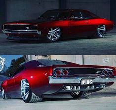 an old car with chrome rims is shown before and after being painted in red