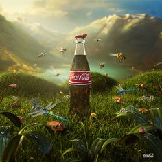 a coca - cola bottle sitting on top of a lush green field next to flying bees