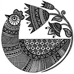 a black and white drawing of two birds on a circular object with geometric designs in the middle