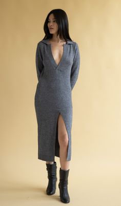 Heavy weight polo sweater dress featuring a deep neckline and high slit. DETAILS FIT: Model is 5'9" and is wearing a size S. FABRIC: 100% cashmere CARE: Hand wash cold with like colors. Lay flat to dry, low iron if needed. Ribbed Maxi Dress, Silk Slip Dress, Cashmere Turtleneck, Ribbed Turtleneck, Deep Neckline, Polo Sweater, Slate Gray, Silk Slip, Clothes Ideas