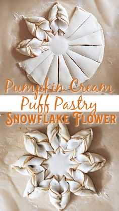 pumpkin cream puff pastry snowflake flower is shown in the middle and on the bottom