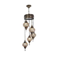 a chandelier with five lights hanging from it's sides and four balls on the