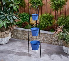 three blue buckets are stacked up on a metal stand in front of some potted plants