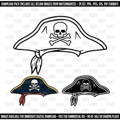 two pirate hats with skull and crossbones on them, one has a bandana