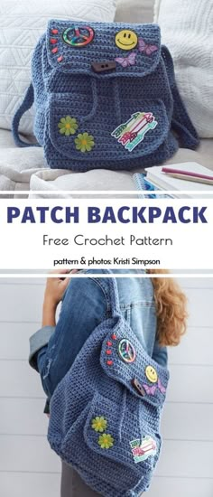 a crocheted backpack with patches and flowers on the front, and an image of a