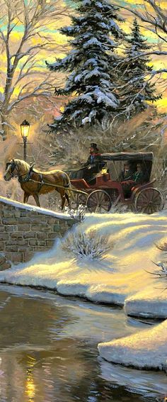 a painting of a horse drawn carriage traveling down a snow covered road next to a river