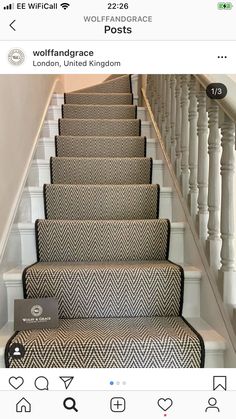 the carpeted stairs are lined with black and white herringbones