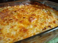 cheesy hashbrown potatoes in a casserole dish